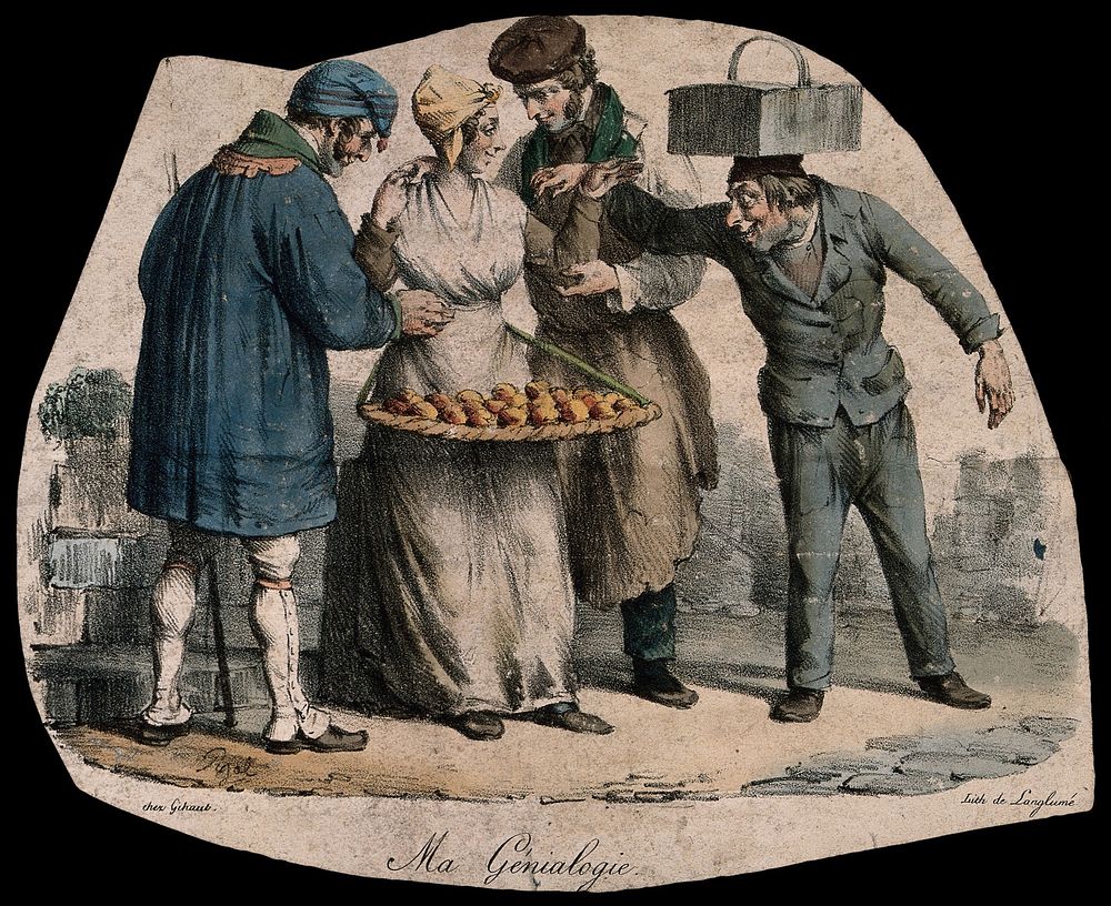 Three lecherous men gather round a pretty street seller, admiring her rather than her wares. Coloured lithograph by Langlumé…
