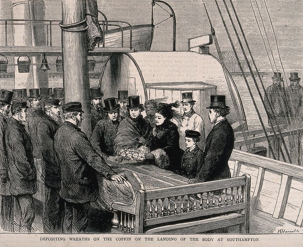 David Livingstone's body arrives in Southampton; a delegation laying a wreath on his coffin. Wood engraving by H. Harral…