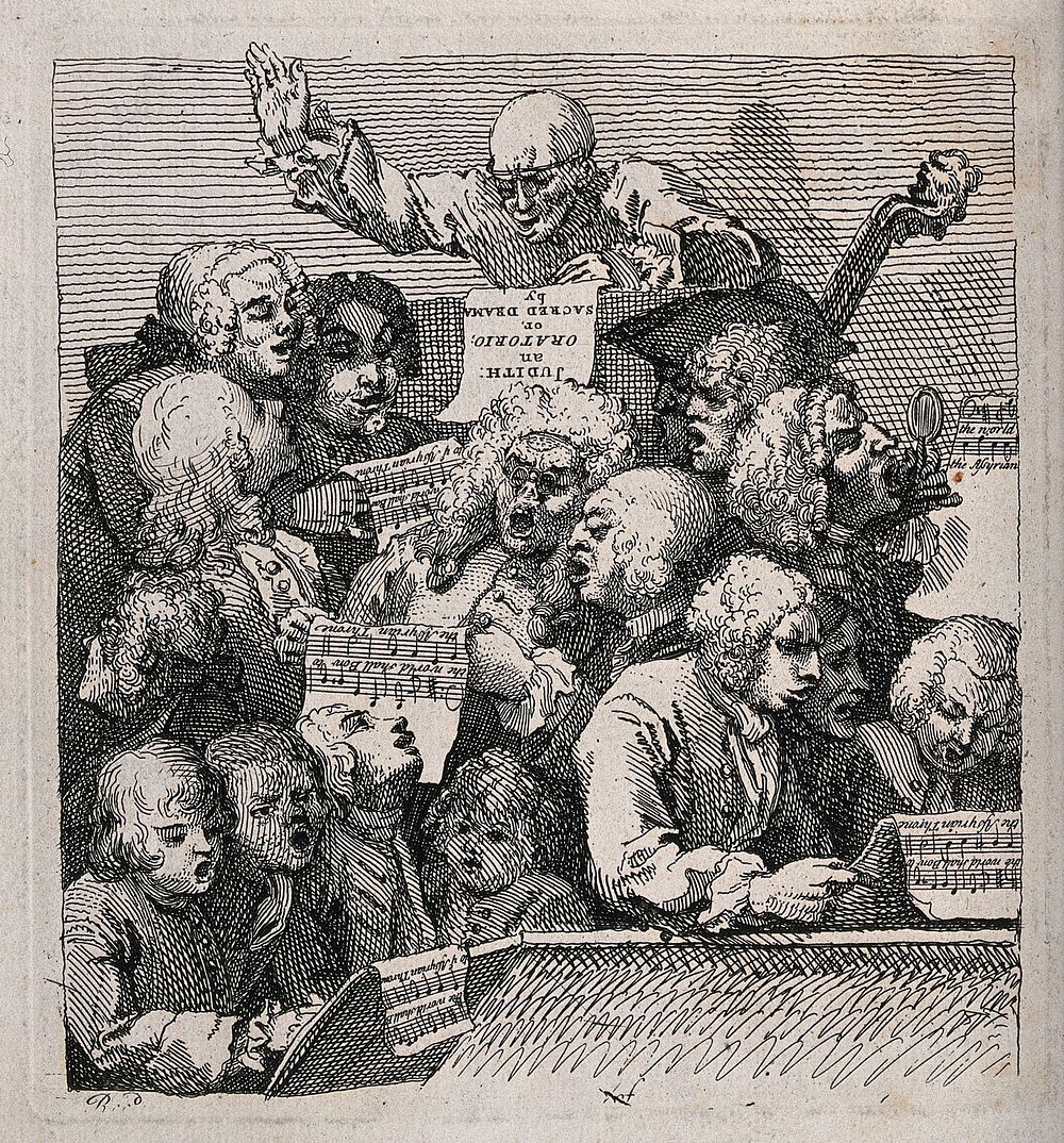 A choir of men and boys rehearsing a performance of an oratorio. Etching by W. Hogarth, 1736.