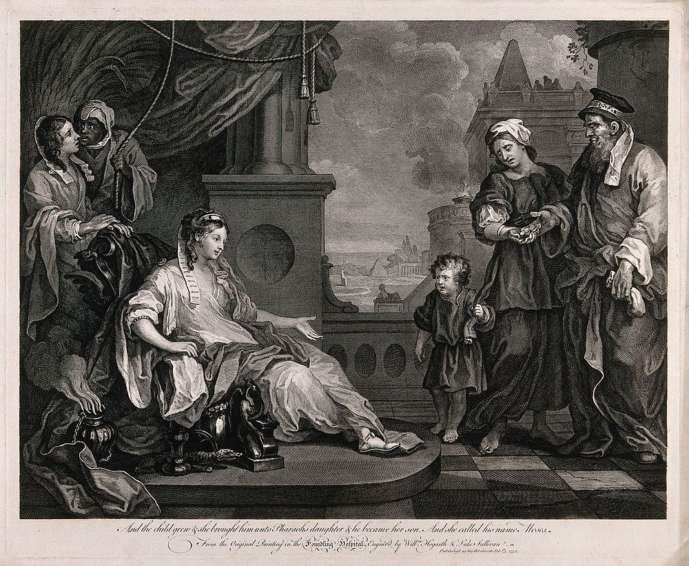 The foundling Moses is brought to Pharoah's daughter. Engraving by W. Hogarth and L. Sullivan, 1752, after the former, c.…