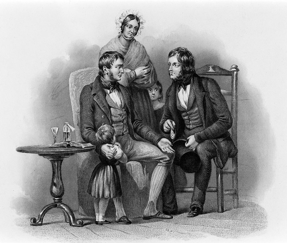 A male patient surrounded by his family discussing his illness with a physician. Engraving.
