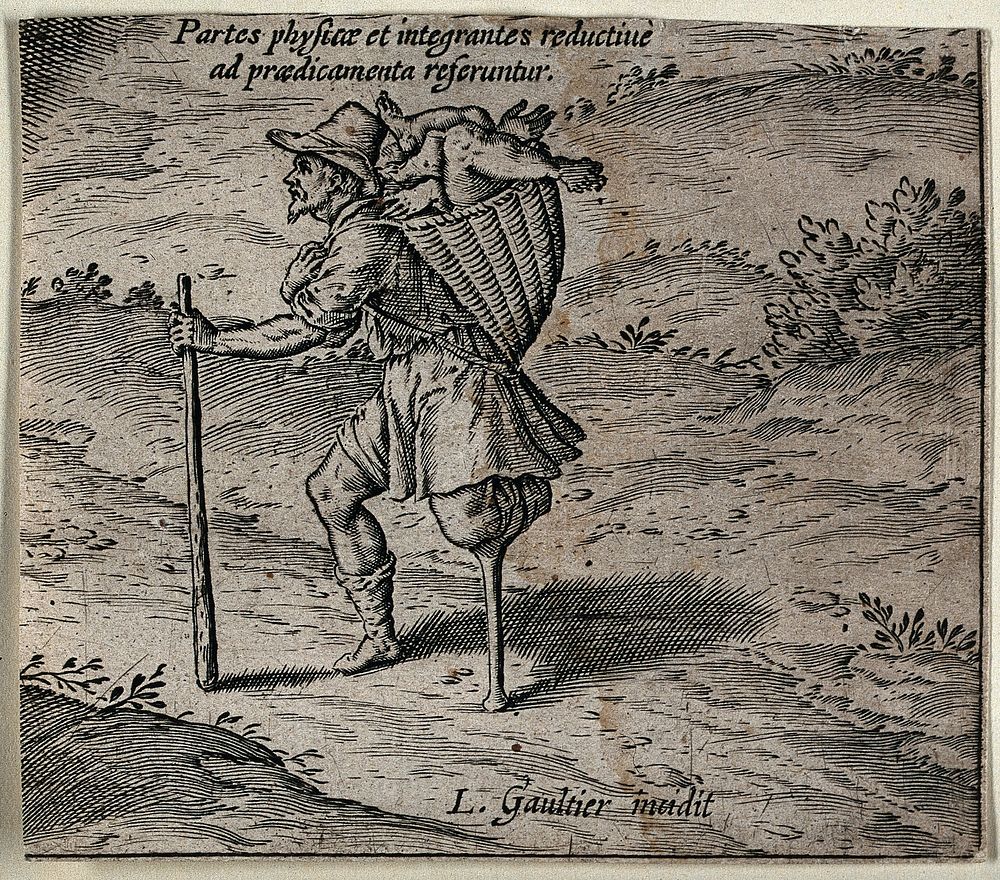 A man with a wooden leg carrying arms and legs in a basket; representing the relation between the whole and its parts in…