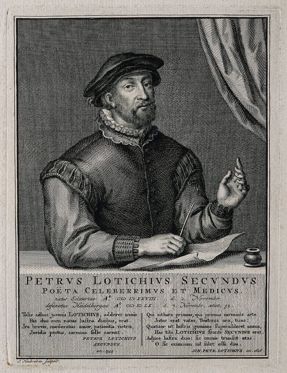 Petrus Lotichius. Line engraving by J. Houbraken.