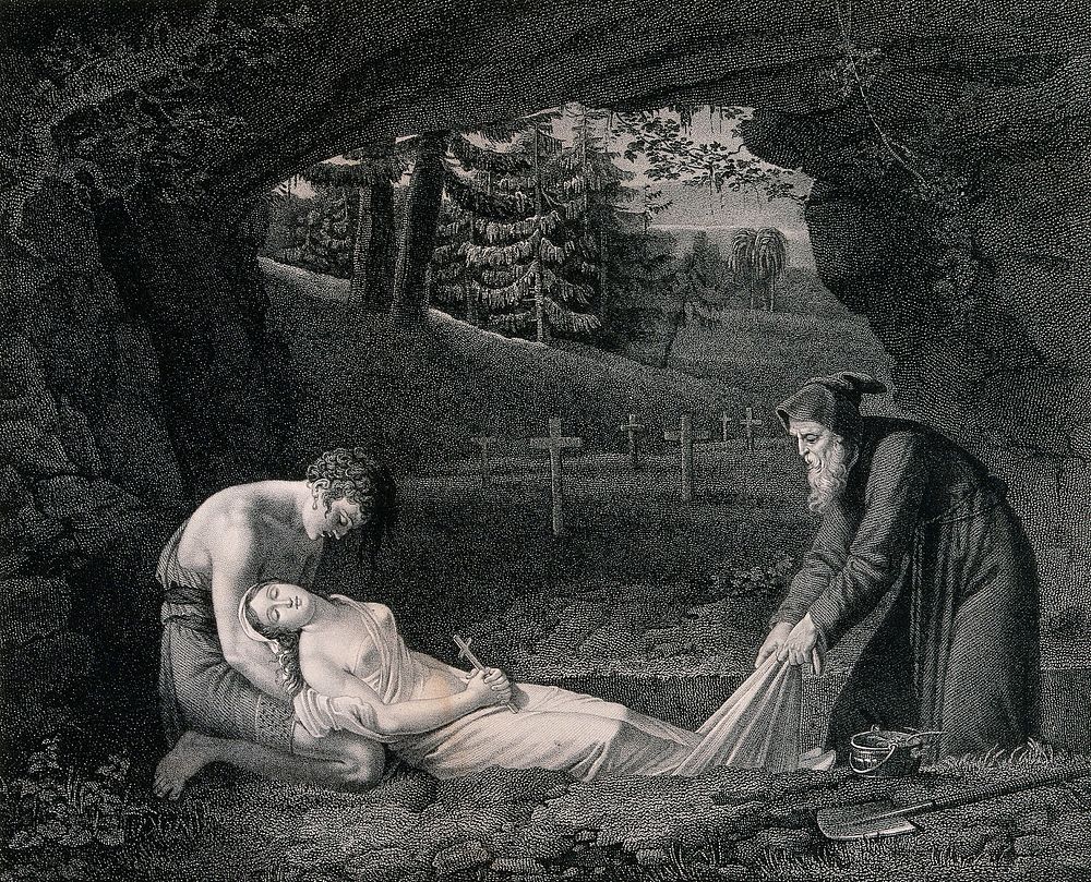 The burial of Atala outside her cave in the mountains. Stipple print with etching by J.P. Simon after J.B. Mallet.