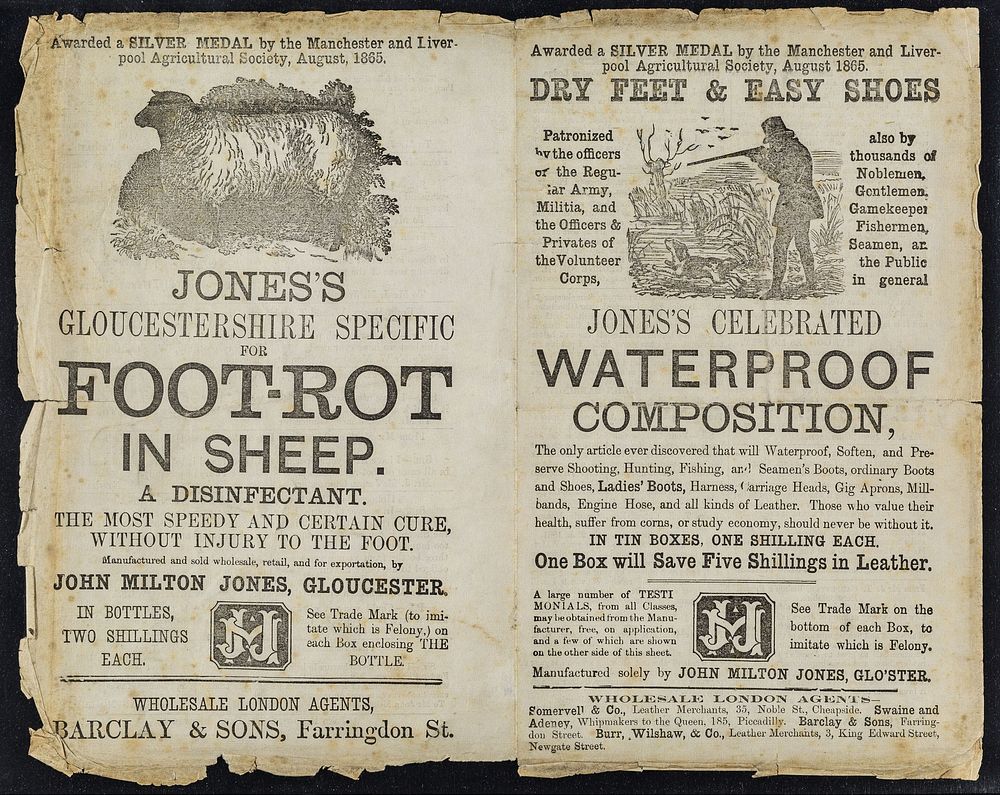 Dry feet and easy shoes... : Jones's celebrated waterproof composition... : Jones's Gloucestershire Specific for foot-rot in…