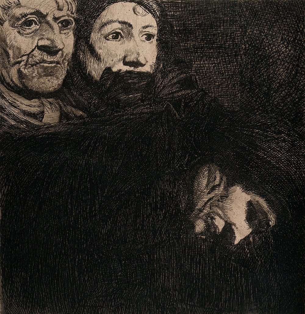 A man and a woman wrapped in a blanket. Etching.