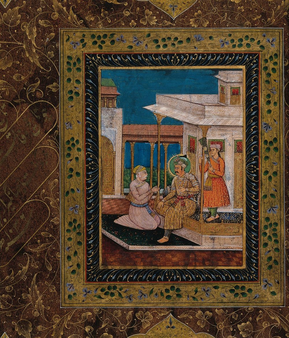 A man kneeling in front of the Mughal Emperor Akbar  with an attendant holding a fly whisk standing behind him. Gouache…