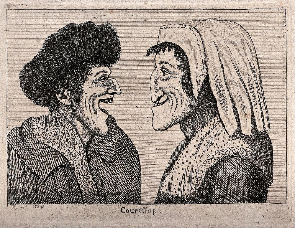 A couple with exaggerated features face one another. Etching.