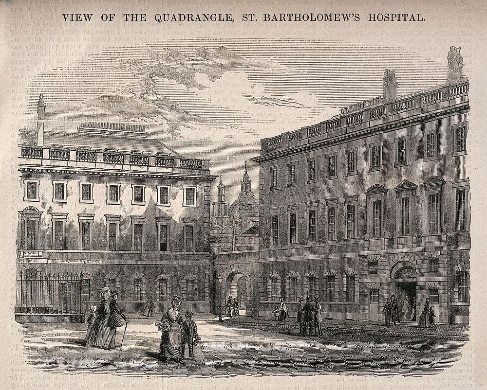 St Bartholomew's Hospital, London: the south-west corner of the Gibbs courtyard, with the dome of St Paul's Cathedral seen…