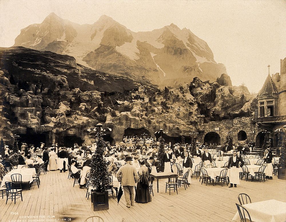 The 1904 World's Fair, St. Louis, Missouri: the Tyrolean Alps restaurant, showing diners and staff; artificial mountain in…