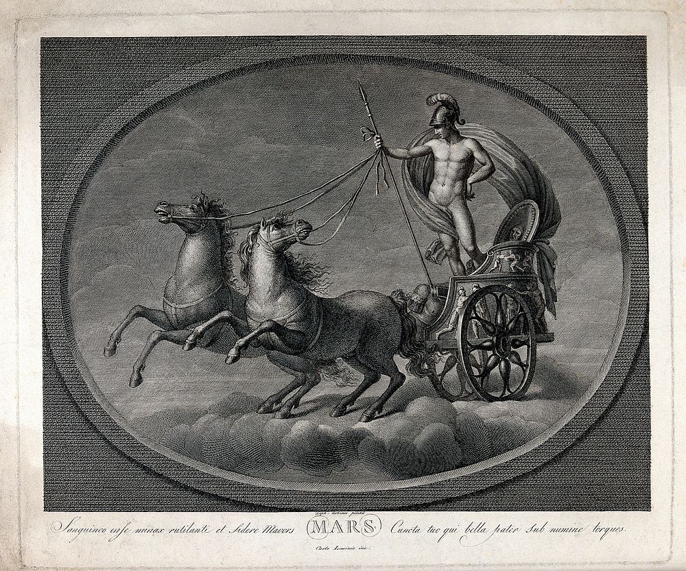 Astronomy: Mars with his sword, in his chariot. Engraving by C. Lasinio after Raphael, 1516.
