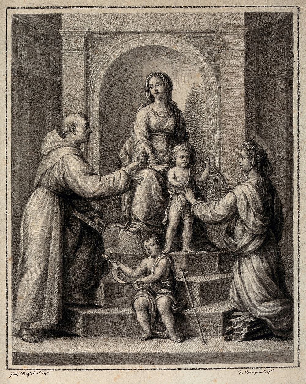 The Virgin Mary and Christ child with Saint Antony of Padua, Saint Catherine of Alexandria and Saint John the Baptist as a…