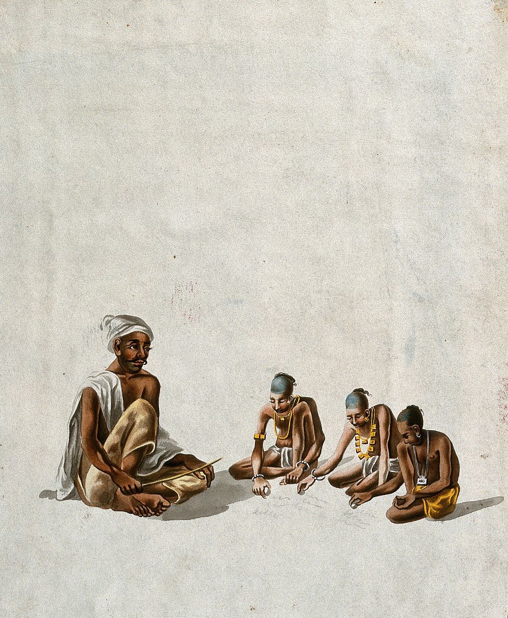 A village school; a teacher giving lessons to three children. Gouache painting by an Indian artist.