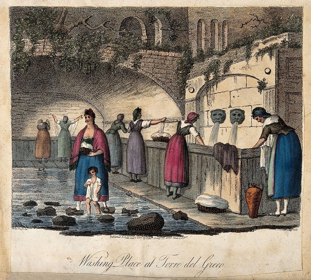 Women washing clothes at the wash-house at Torre del Greco, near Naples. Coloured etching by J. Godby, 1806, after P. van…
