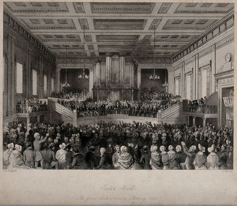 A meeting at Exeter Hall on the abolition of the slave trade. Engraving by H. Melville after T.H. Shepherd, ca. 1841.