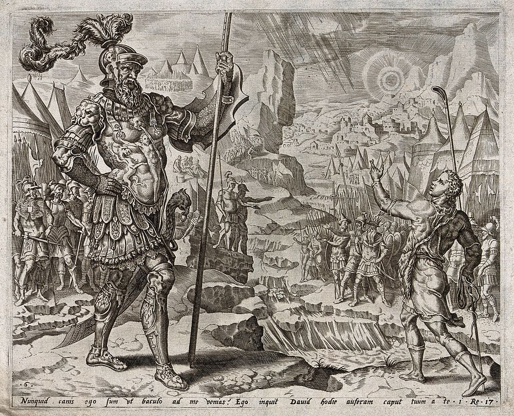 Goliath, covered in splendid armour, towers over the humble David. Engraving.