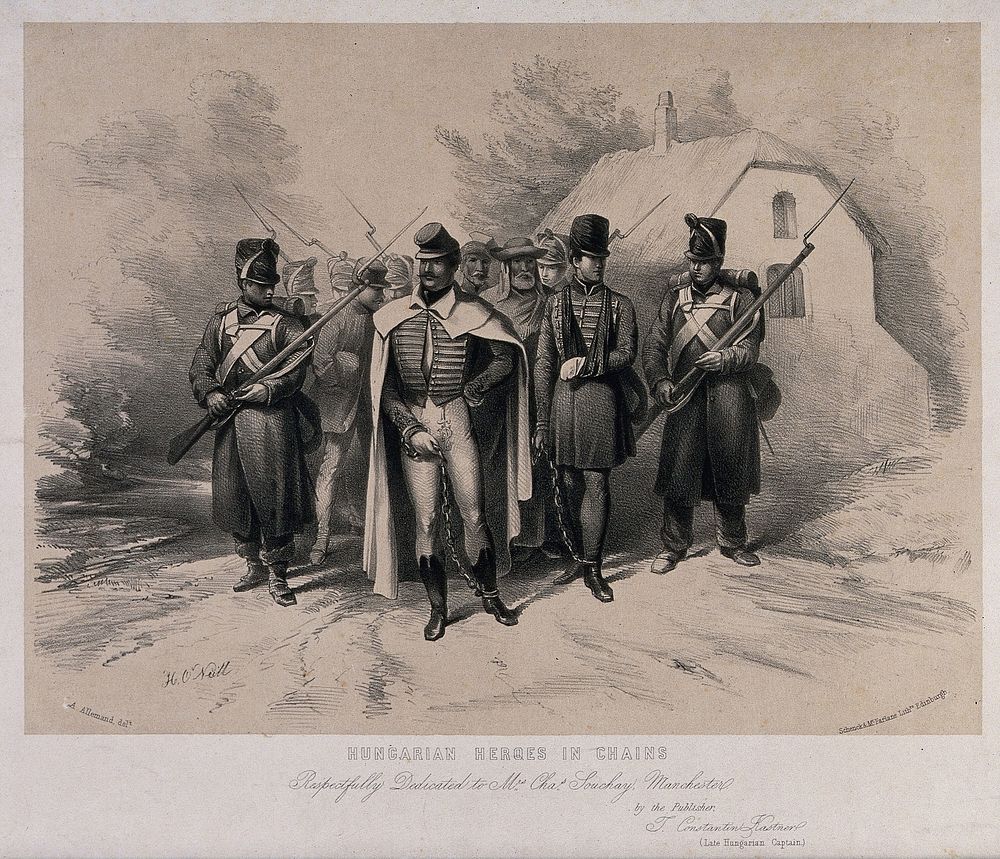Hungarian soldiers apprehended and led away in chains. Lithograph by A. Allemand after H. O'Neill.