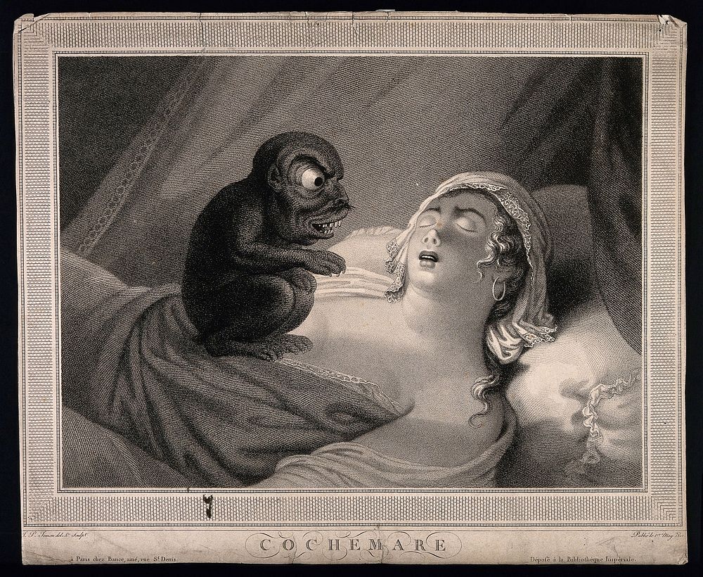 A perturbed young woman asleep with a devil sitting on her chest; symbolizing her nightmare. Stipple engraving by J.P.…