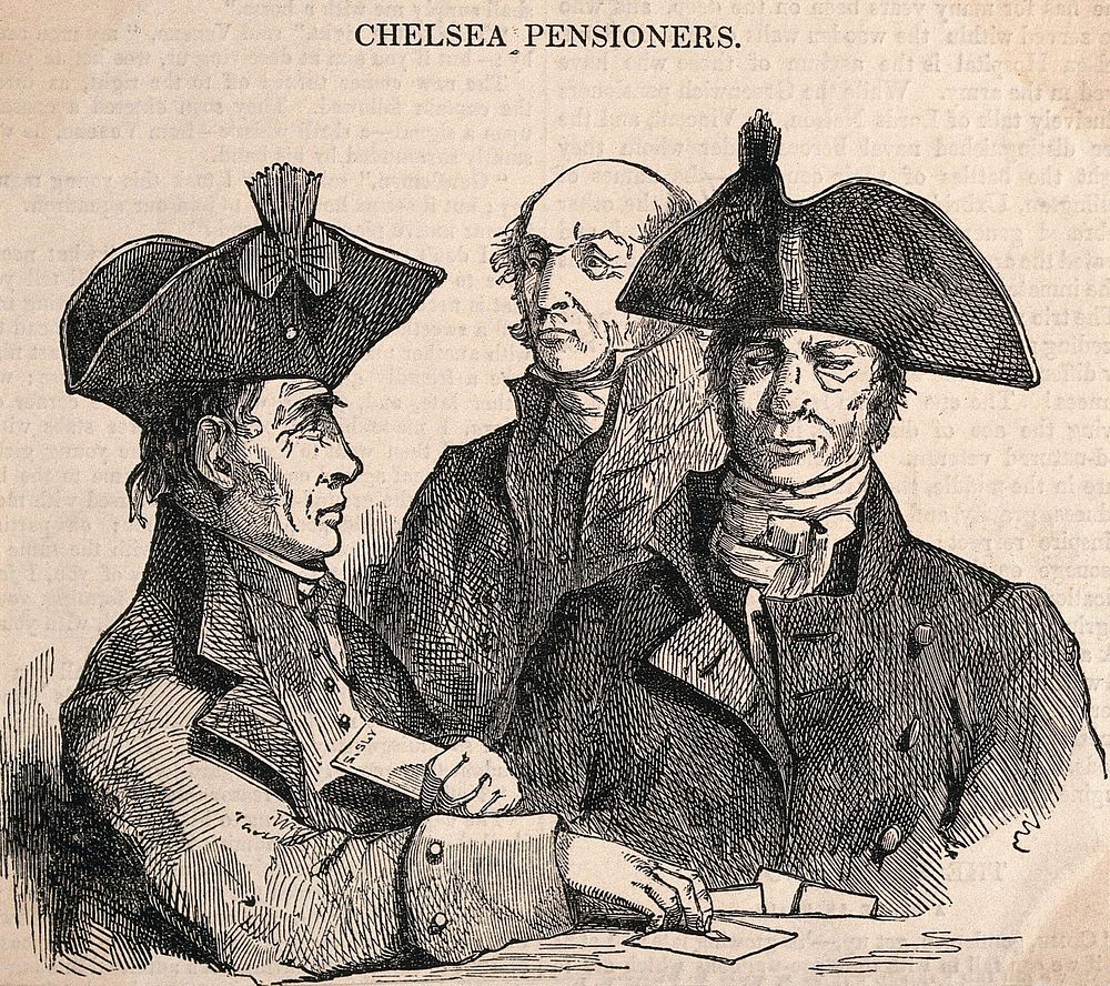 Three Chelsea Pensioners, two playing cards. Wood engraving.