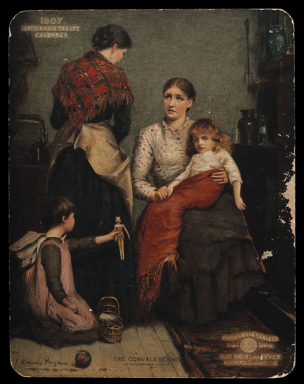 A small girl recovering from an illness and being visited by neighbours. Colour process print, 1907, after E. Magnus.