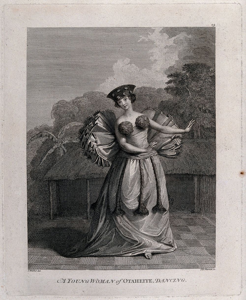 A young woman from Tahiti, dancing. Engraving by J.K. Sherwin, 1784, after J. Webber.