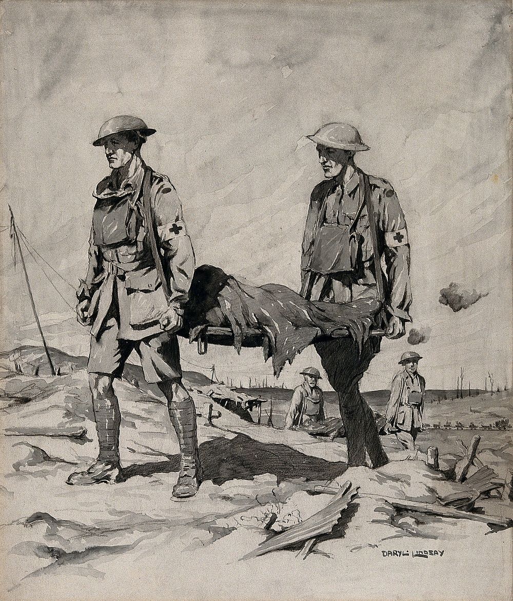 World War I: two men carrying a stretcher among the trenches in France. Wash drawing by D. Lindsay, ca. 191-.