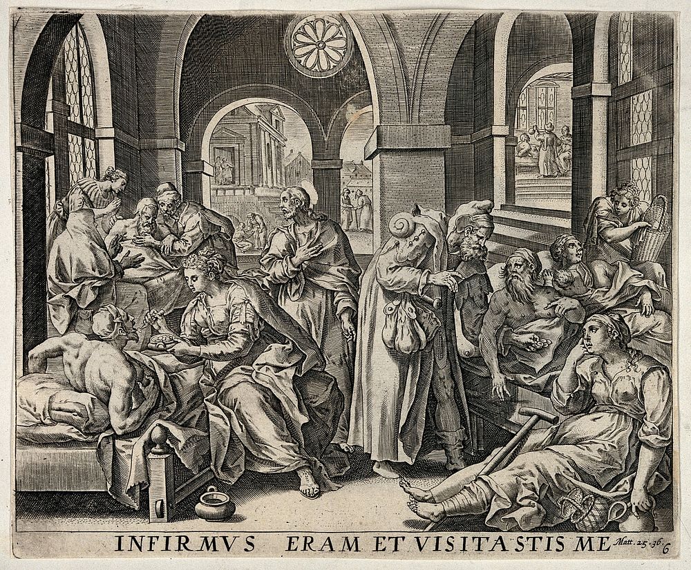 A hospital ward showing sick patients being tended to by medical staff, after a quote from the Bible (Matt. 25.36). Line…