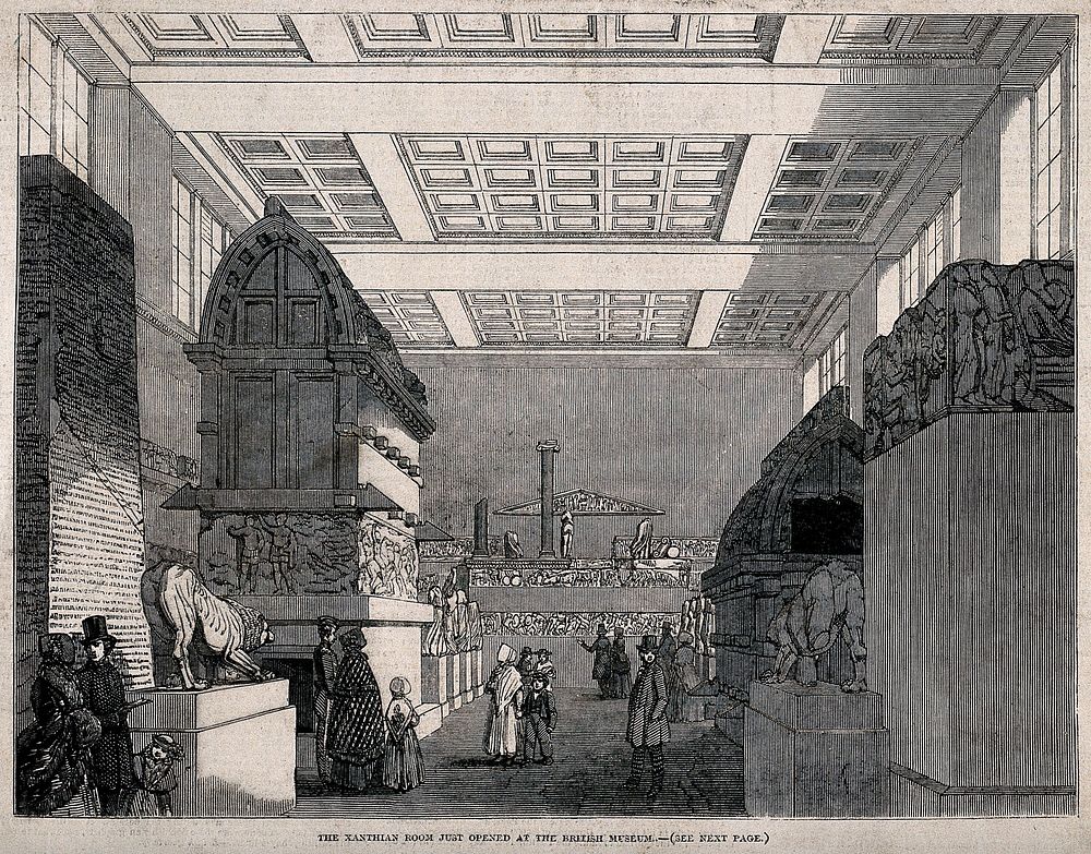The British Museum: the Xanthian Room, with visitors. Wood engraving, 1847.