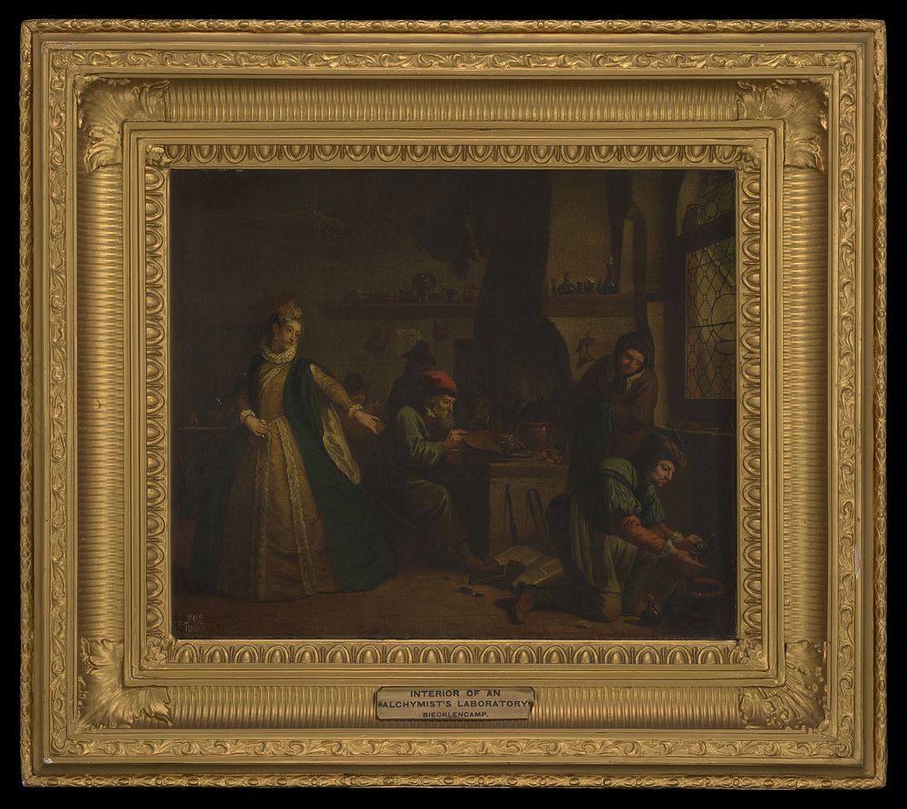 A lady visiting an alchemist's laboratory . Oil painting by Jan Josef Horemans I.
