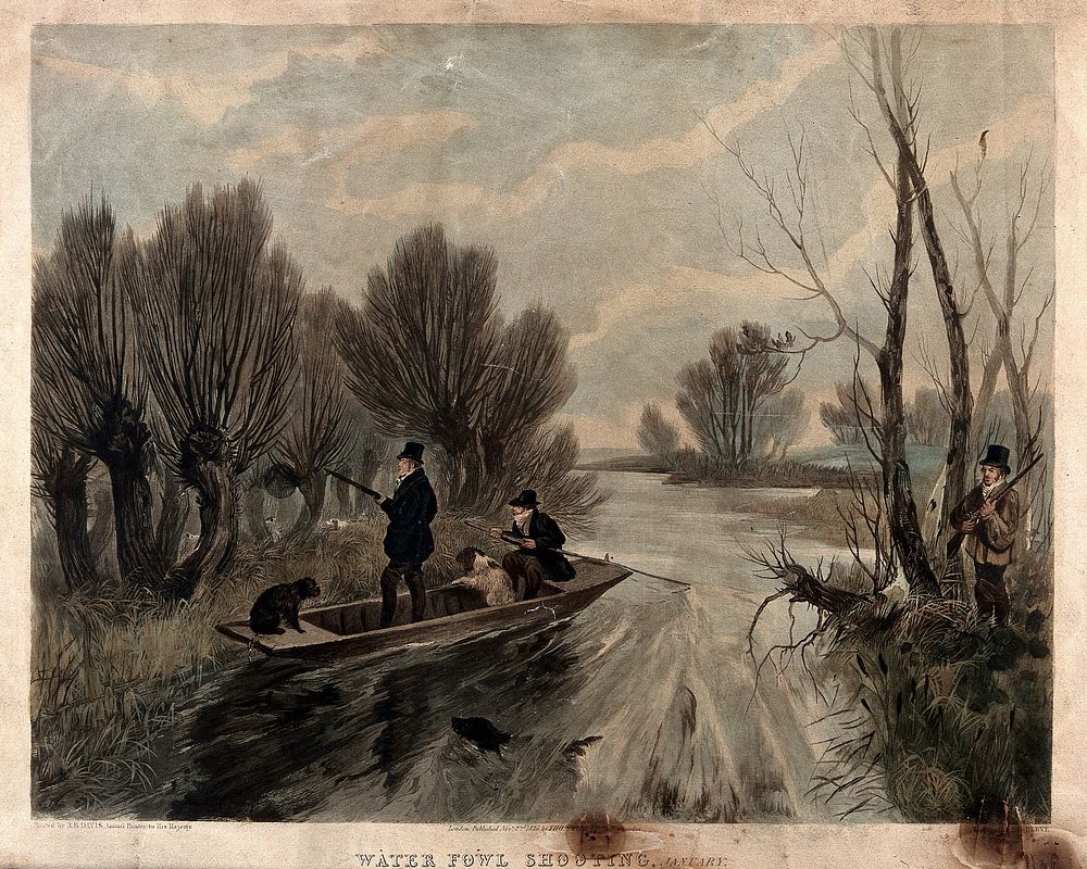 Hunting waterfowl on a river in January: two men and their dogs are shown in a punt, while another man stands on the…