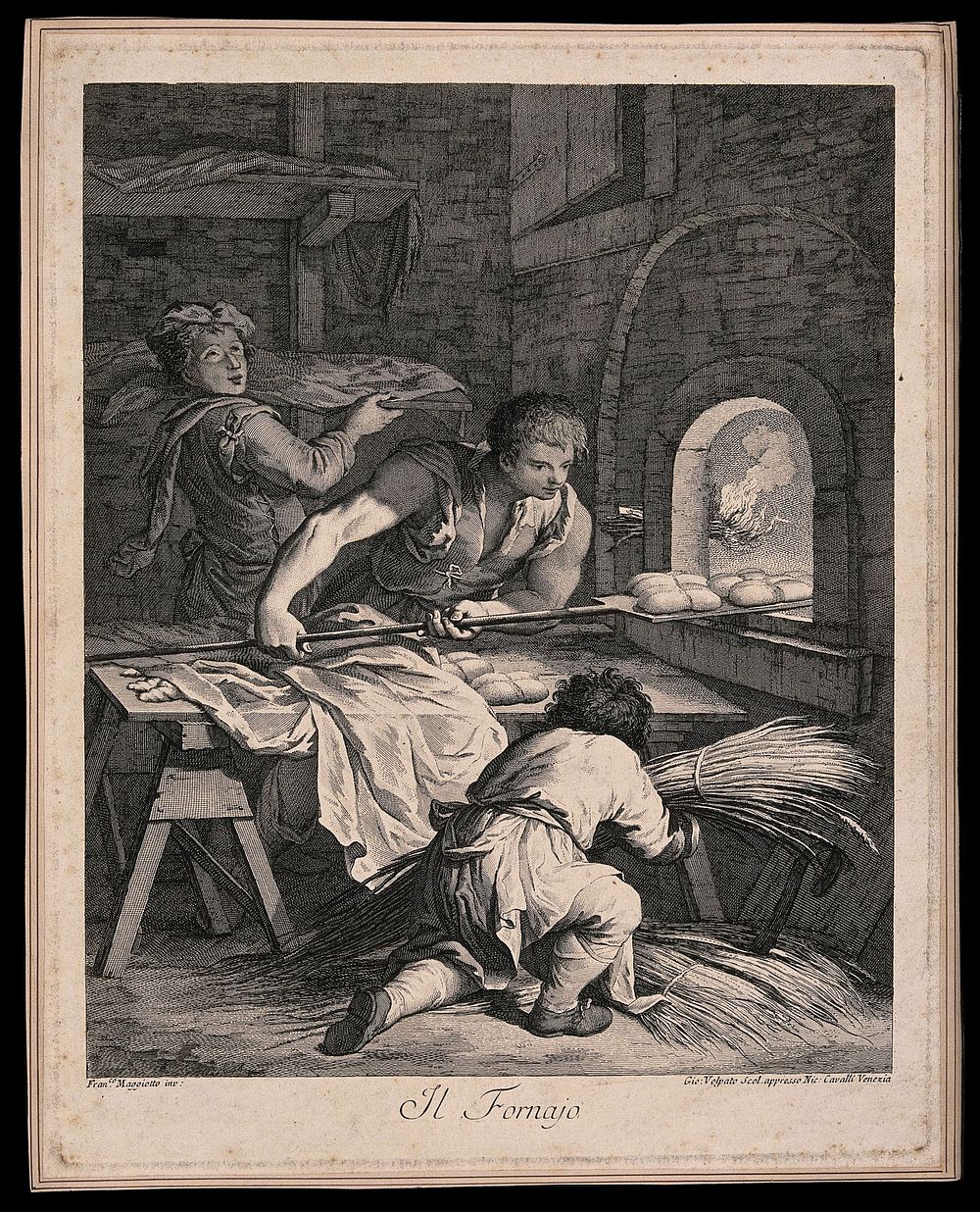 A boy is shovelling bread into the baker's oven as one picks up sheaves of wheat and another holds up a tray. Engraving by…