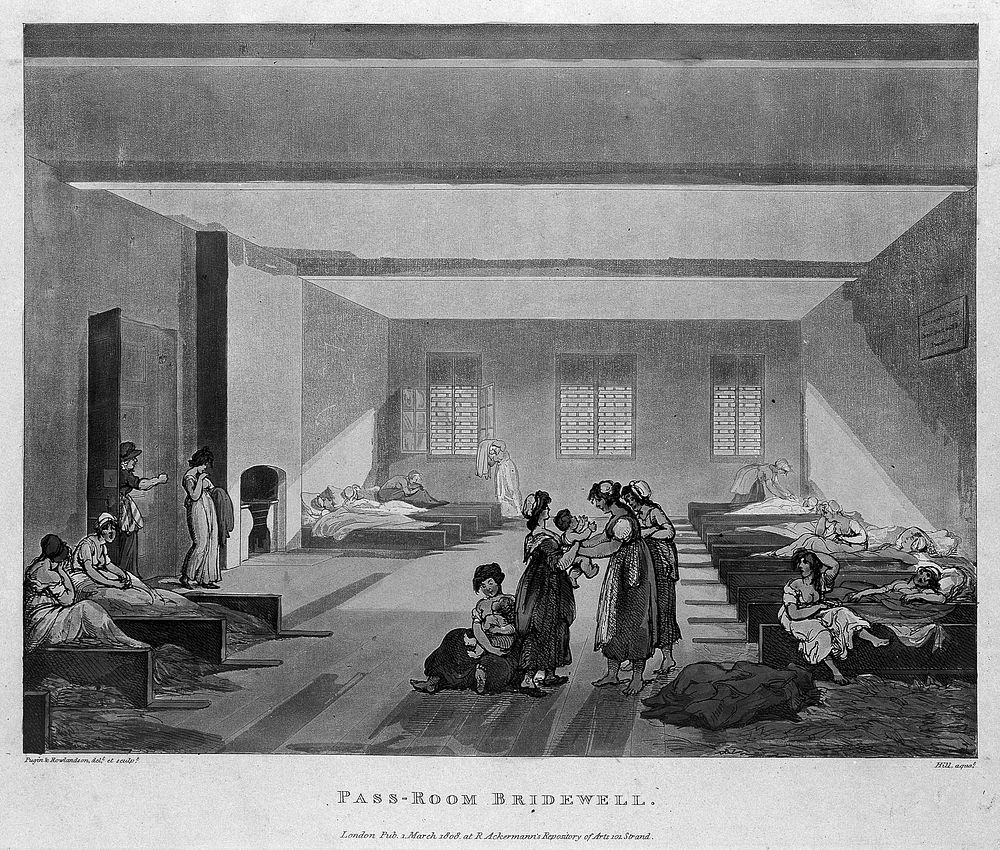 Bridewell Hospital, London: the interior of the pass-room with women and children, some lying on palliasses. Coloured…