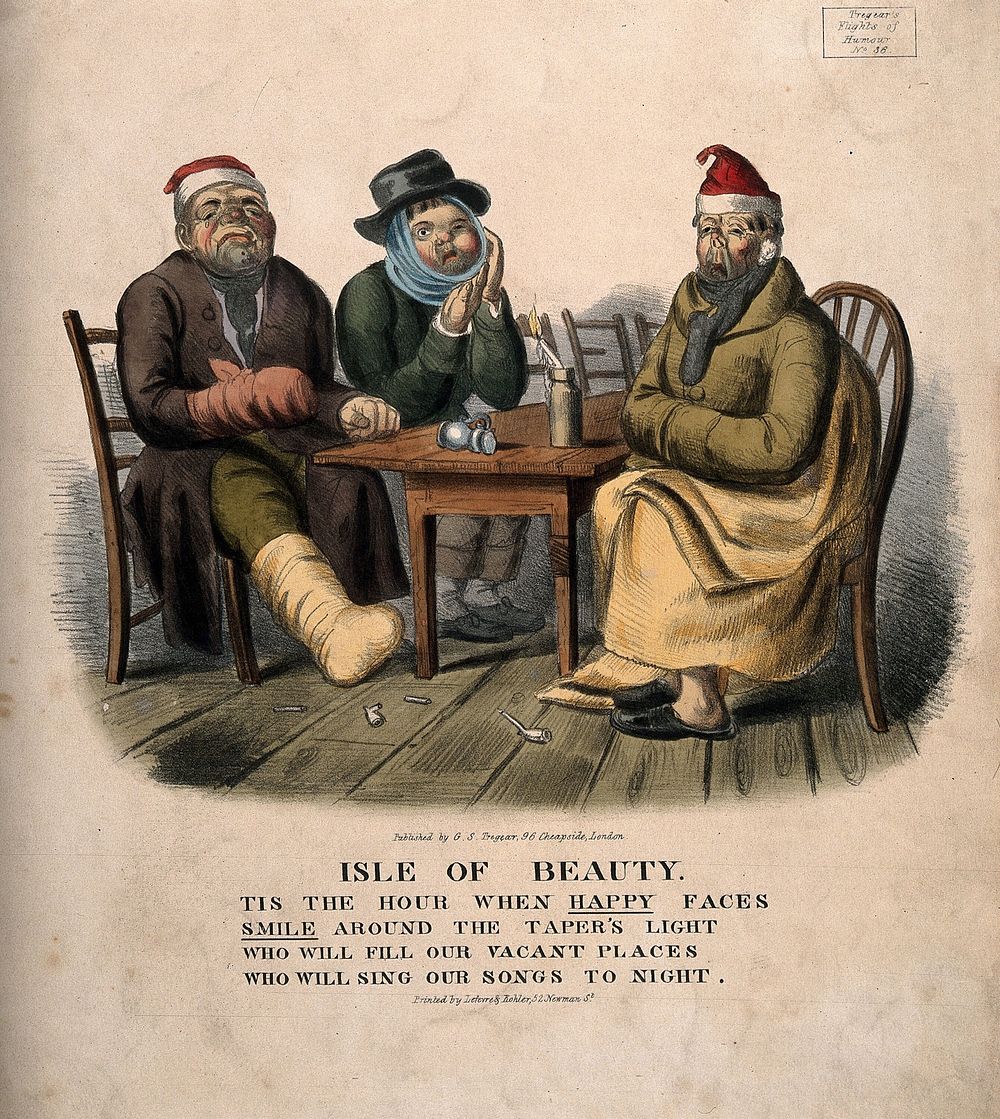 Three miserable men suffering from gout, toothache and flu sitting around a table. Coloured lithograph.