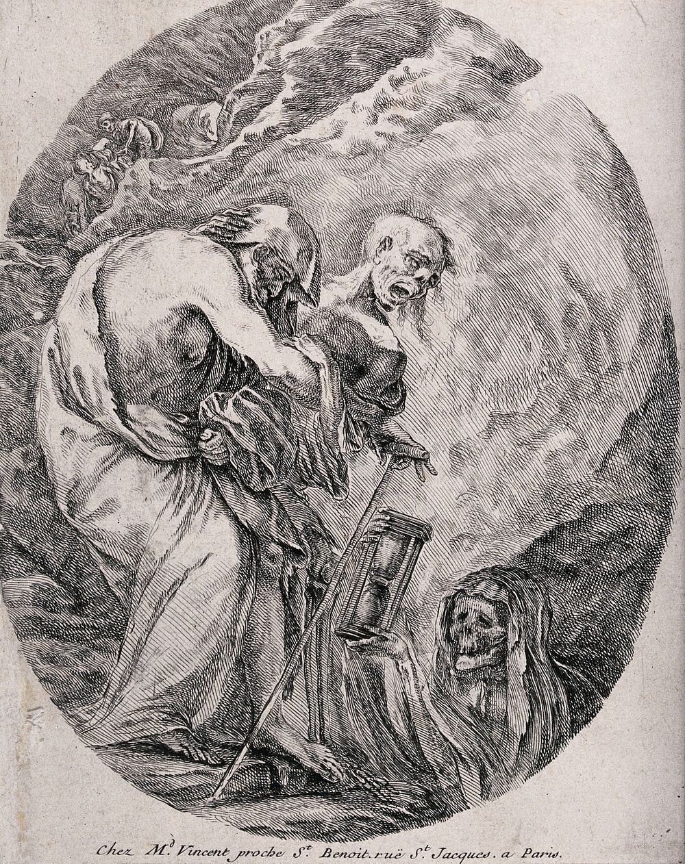 Figures of Death lead an old and blind man over a cliff. Etching.
