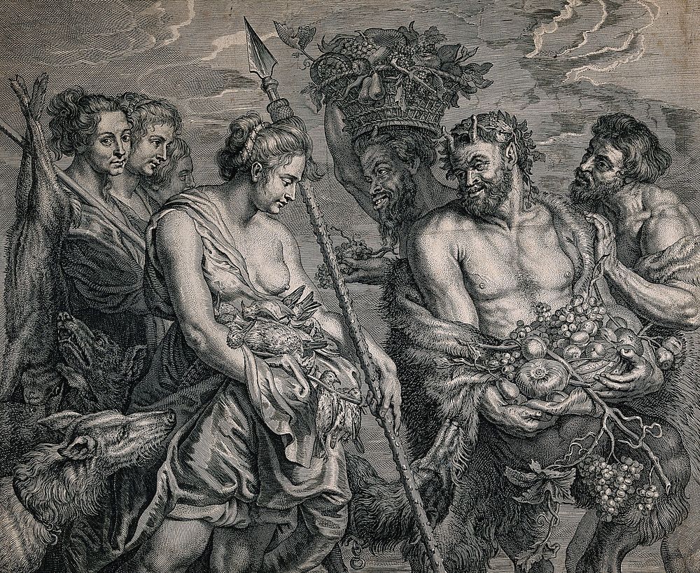 Diana returning from the chase bearing dead birds meets Pan holding grapes and other fruit. Engraving by S. à Bolswert after…
