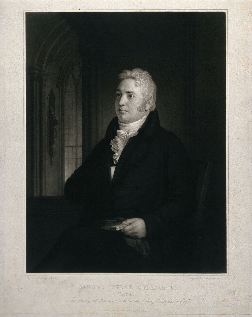 Samuel Taylor Coleridge aged 42, seated on a chair, a book in his left hand; gothic window in the background. Mezzotint by…