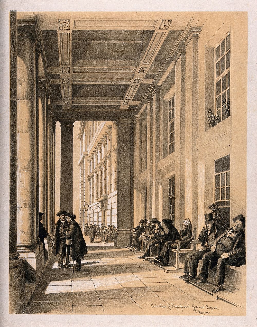 Greenwich Pensioners variously sitting or standing in the colonnade of the "Helpless ward" at Greenwich Hospital. Lithograph…