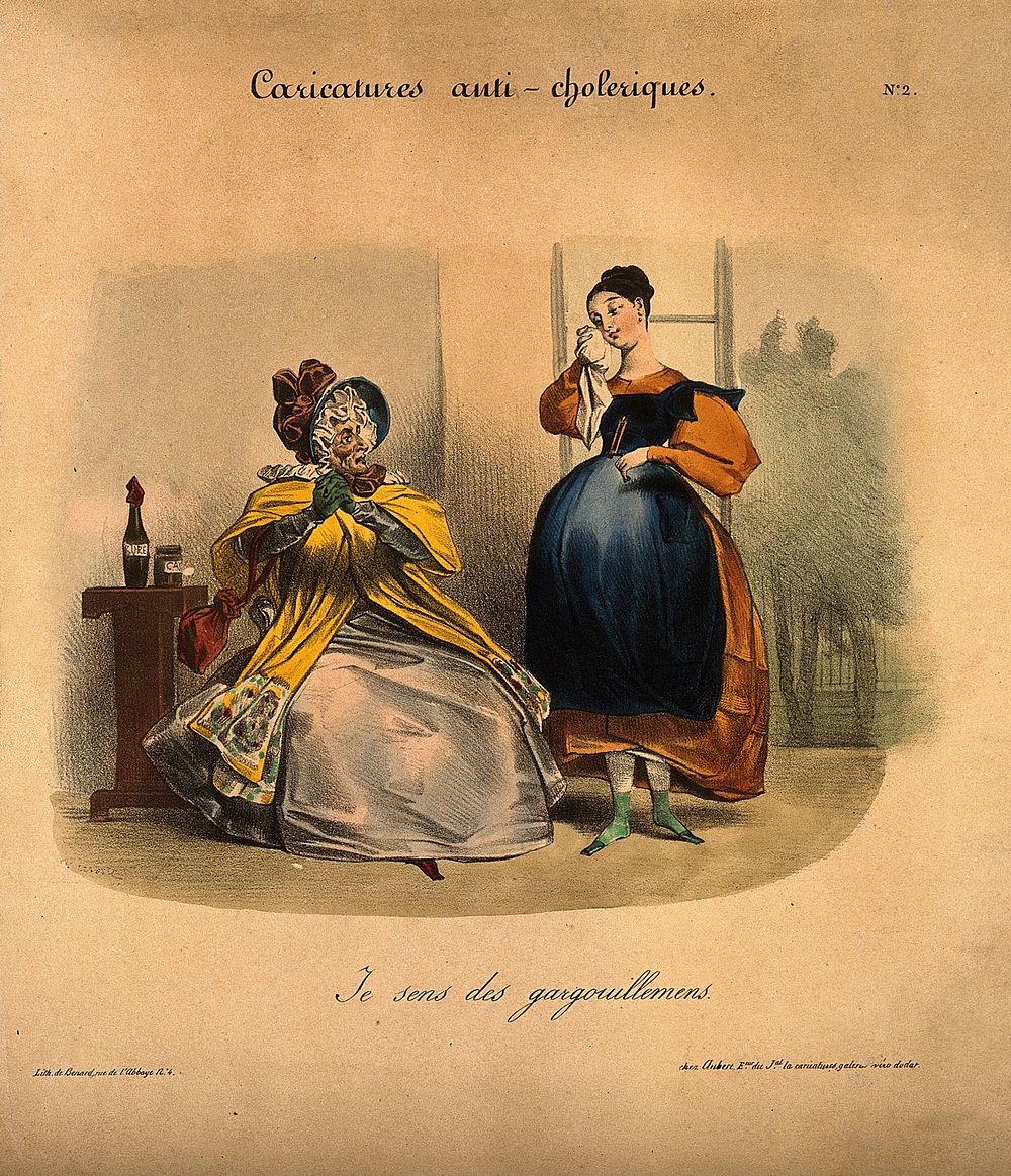 A young woman dabs her eye as her mother looks askance; she suspects the onset of cholera. Coloured lithograph, c. 1832.