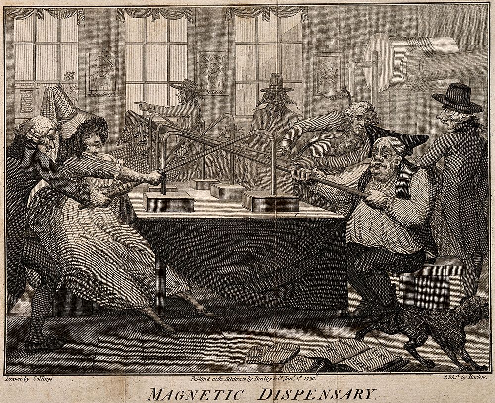 Patients undergoing magnetic therapy. Etching by J. Barlow, 1790, after J. Collings.