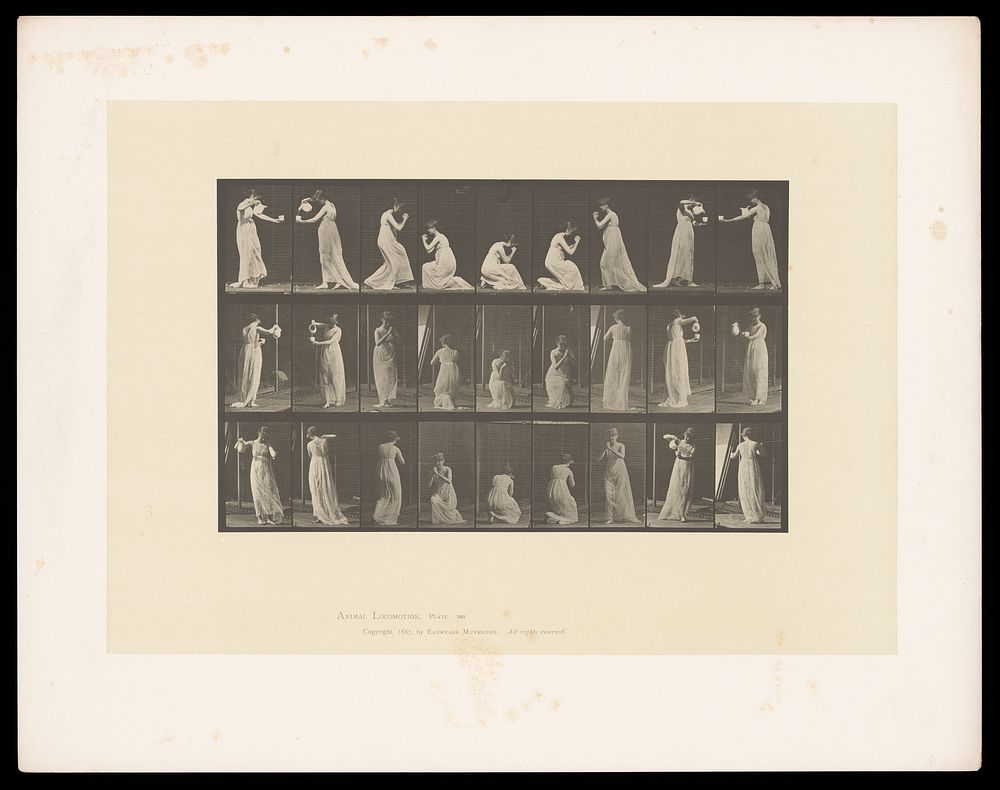 A clothed woman pours from a jug and kneels to a praying position. Collotype after Eadweard Muybridge, 1887.