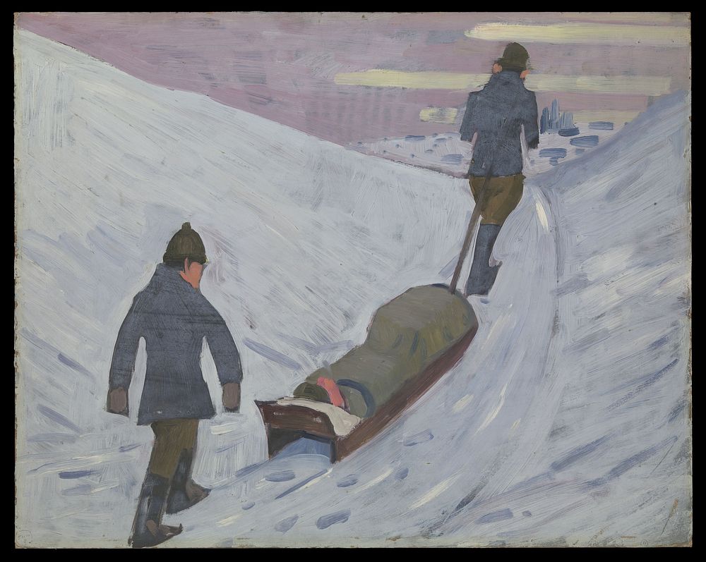 World War I: transport of the wounded by sledge in Russia, 1918. Oil painting by Godfrey Jervis Gordon ("Jan Gordon").