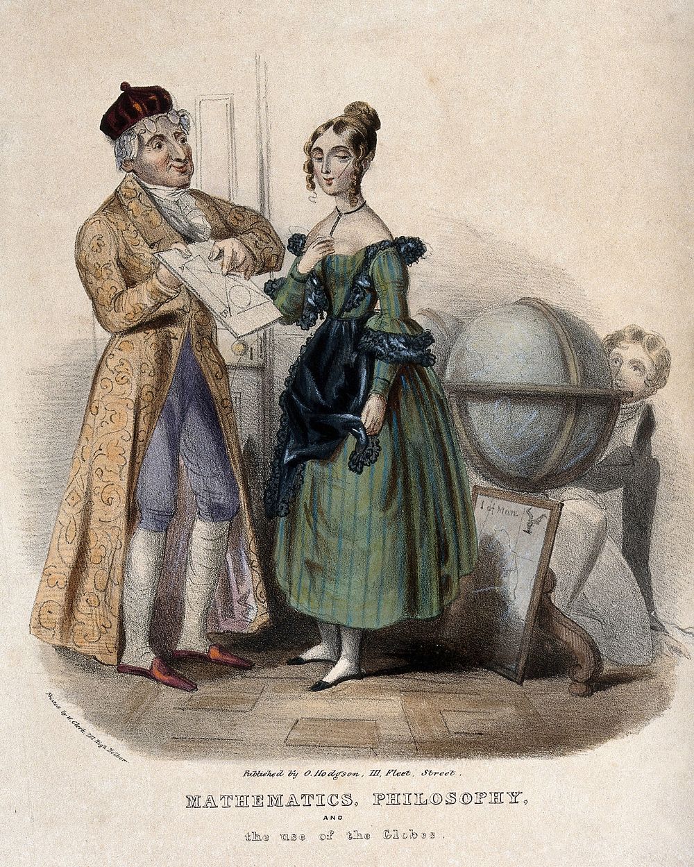 A middle-aged man giving a geometry lesson to young woman, a young man [her suitor] hides behind a large globe. Coloured…