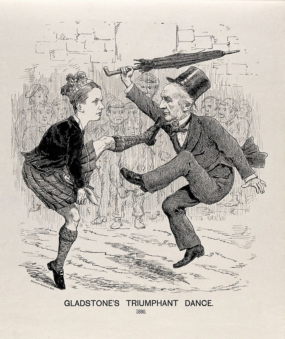 Gladstone dancing with Lord Rosebery, who is wearing a kilt; celebrating the Liberal victory in the British General Election…