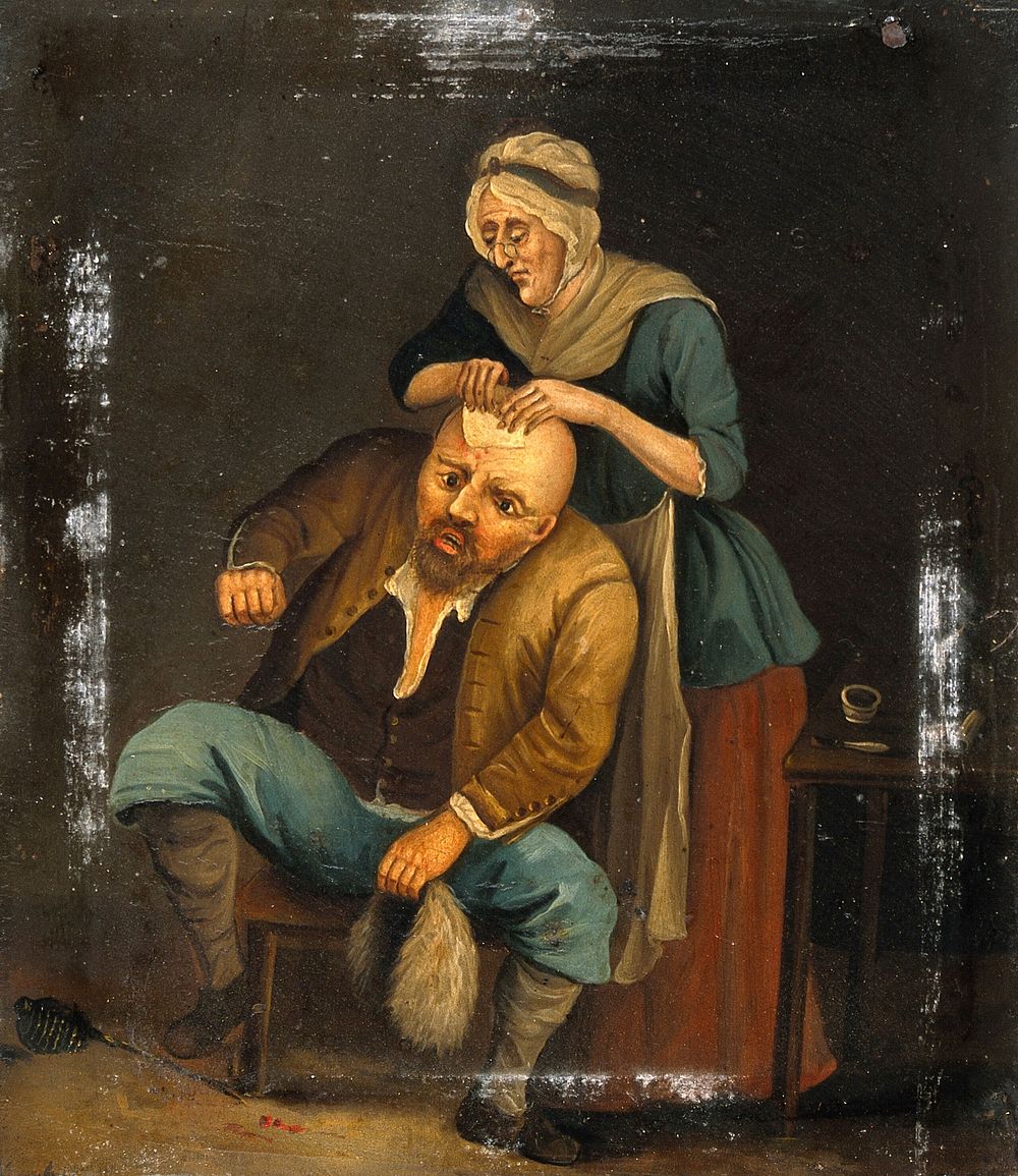 A woman treating a man's head-wound. Oil painting after J. Nixon.