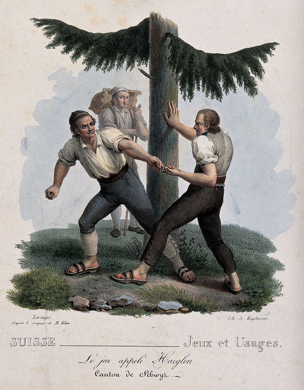 Two men are testing their strength against one another by finger-wrestling. Coloured lithograph by J.B. Zwinger after M.…