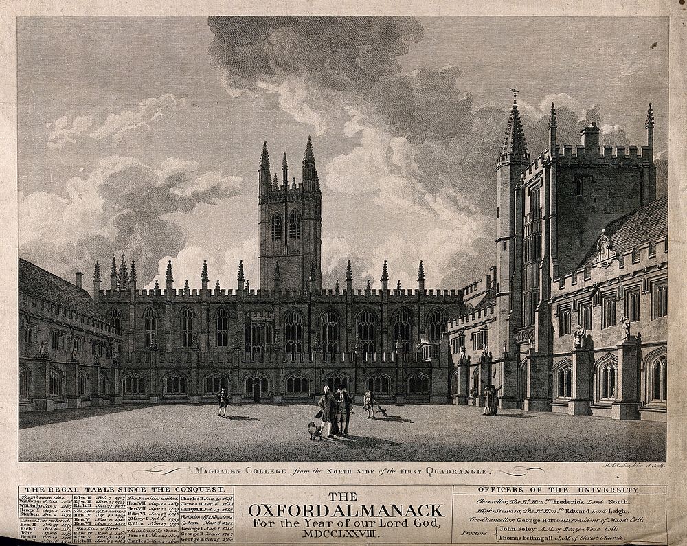 Magdalen College, Oxford: quadrangle. Line engraving by M.A. Rooker, 1778, after himself.