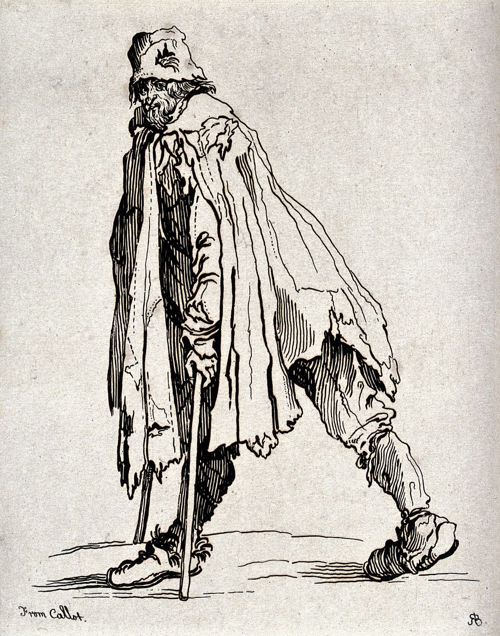 A bearded beggar dressed in rags walking on two crutches. Etching by R. Blake after J. Callot.