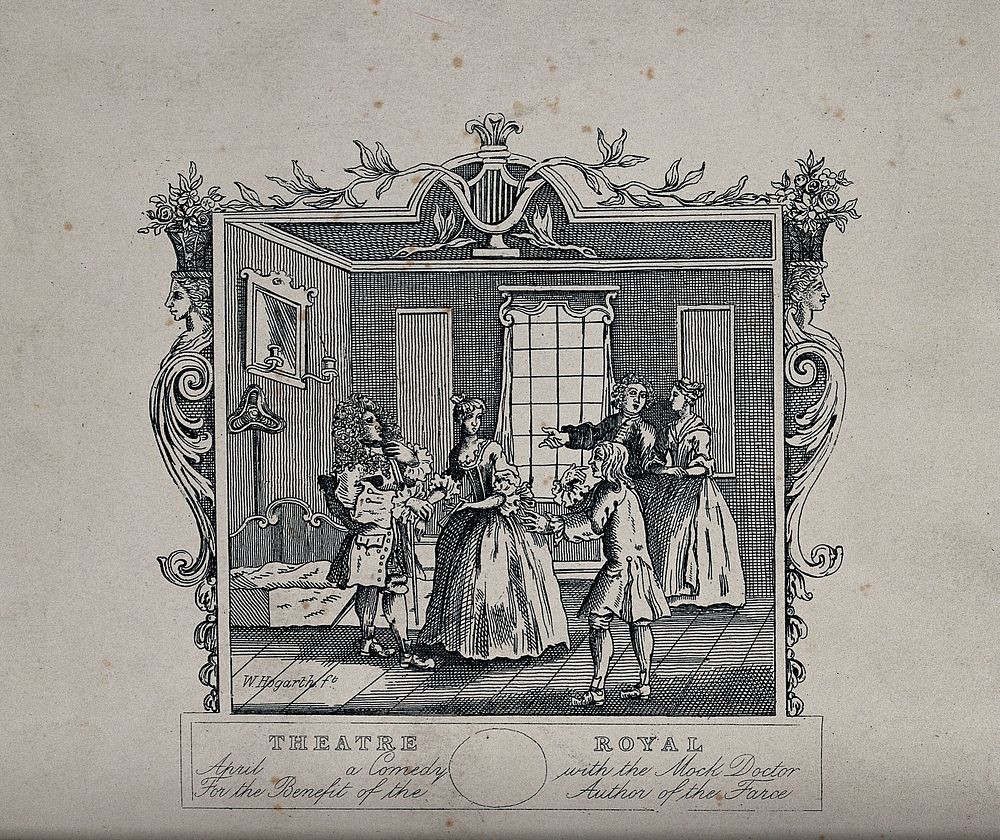 An episode from a farce in the theatre: three men and two women engaged in a dispute with one man pointing at the guilty…
