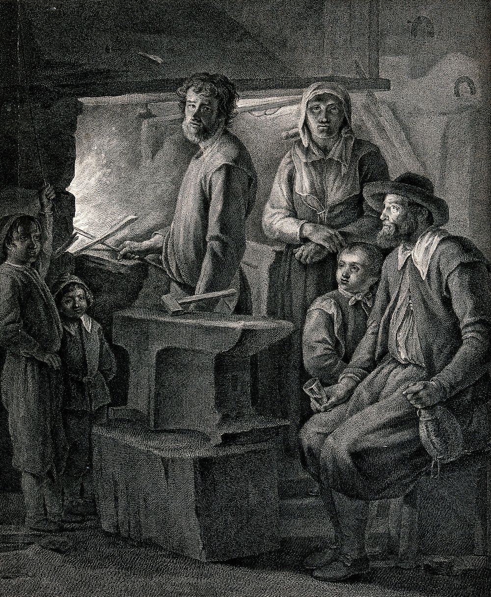 A family grouped around a blacksmith's anvil as he holds his tools in the fire. Engraving by Lavasseur and Claessens after…