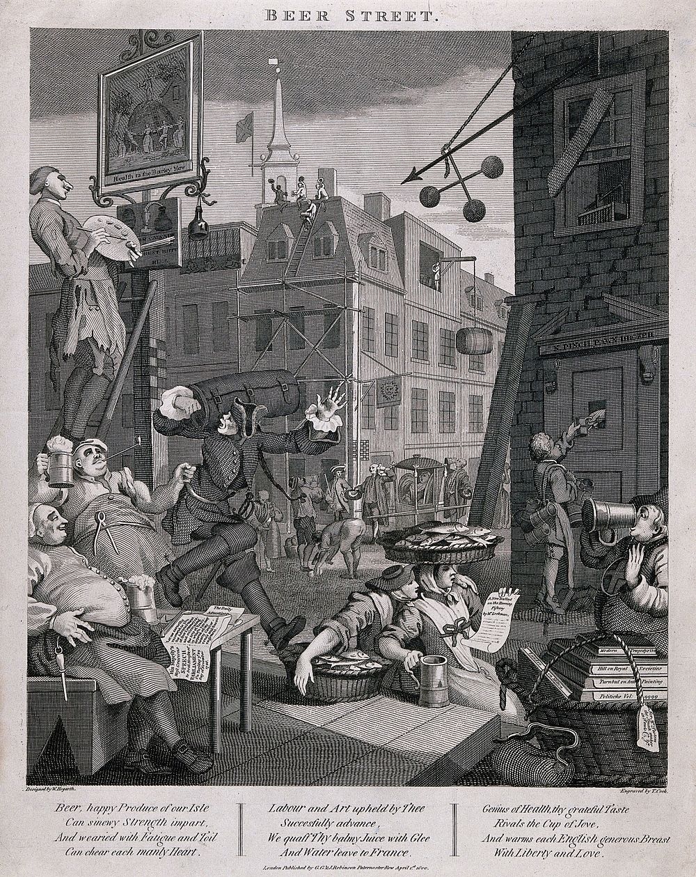 A busy street corner with traders stopping for a tankard of beer and an artist painting a pub sign. Engraving by T. Cook, c.…